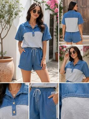 Denim Color Block Lounge Set